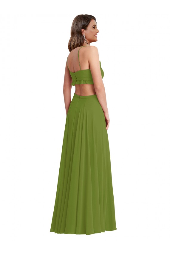 Verde oliva Linea A Scollatura a V Chiffona Lunga Abiti da damigella donore Outlet