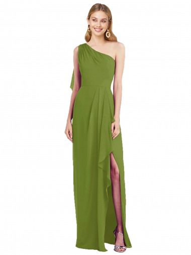 Verde oliva Tromba Una spalla Chiffona Lunga Abiti da damigella donore Outlet