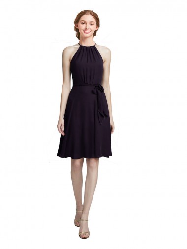 Vinaccia Linea A Capestro Alto Collo Al ginocchio Chiffona Corto Abiti da damigella donore / Abiti da cocktail Outlet