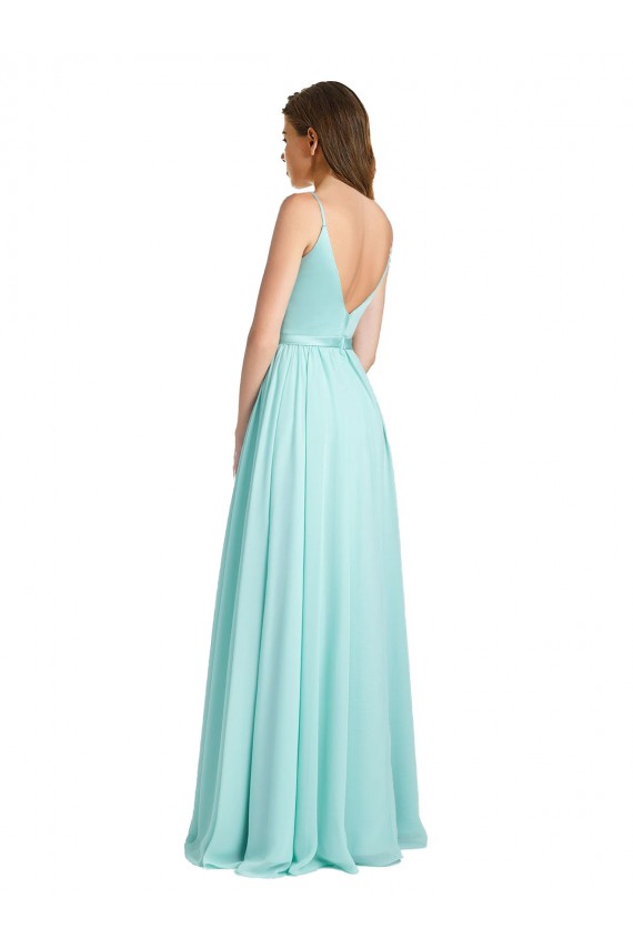 Waterfall Linea A Scollatura a V Chiffona Raso Lunga Abiti da damigella donore Outlet